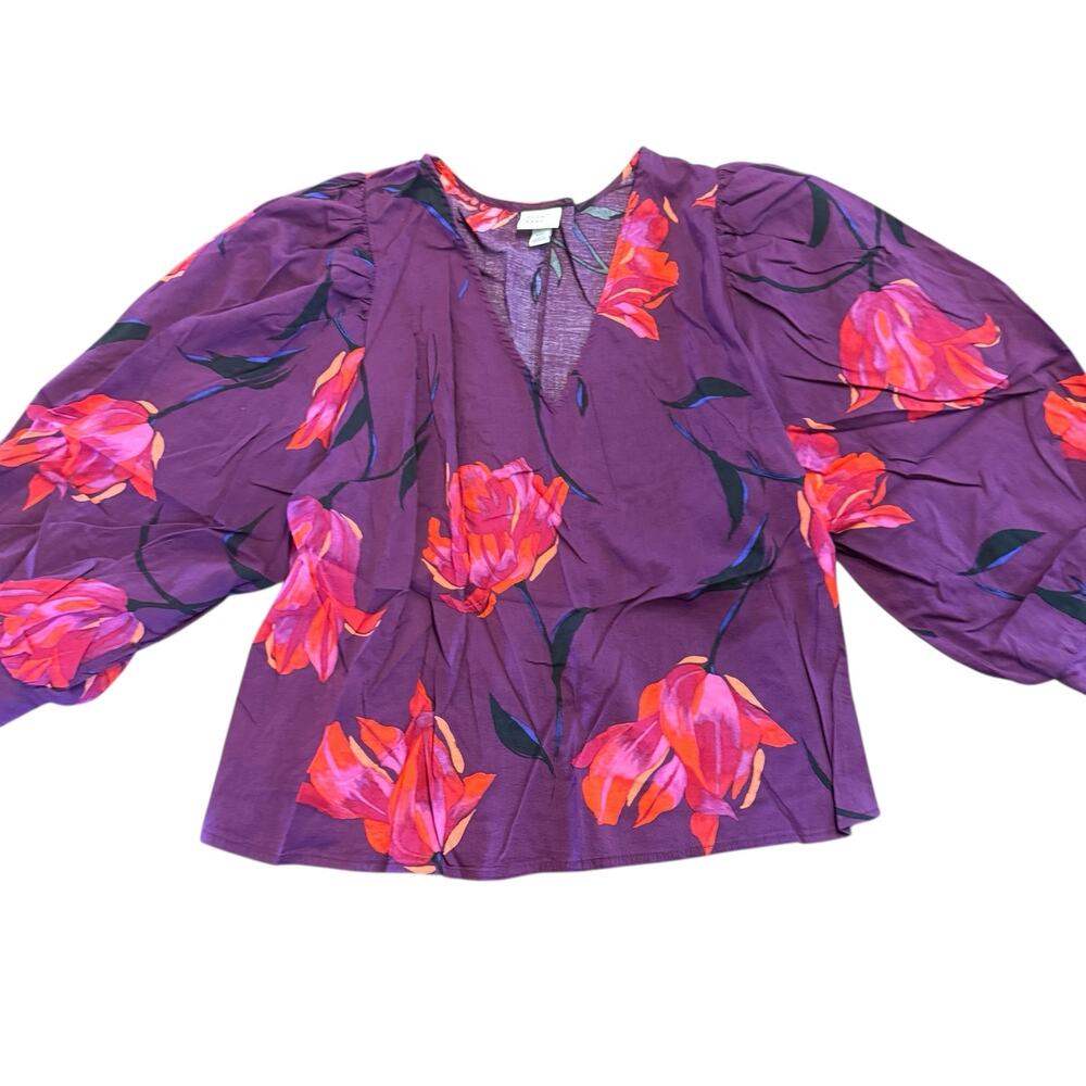 A New Day Women’s purple large flower blouse w puffed half sleeves, Size XXL